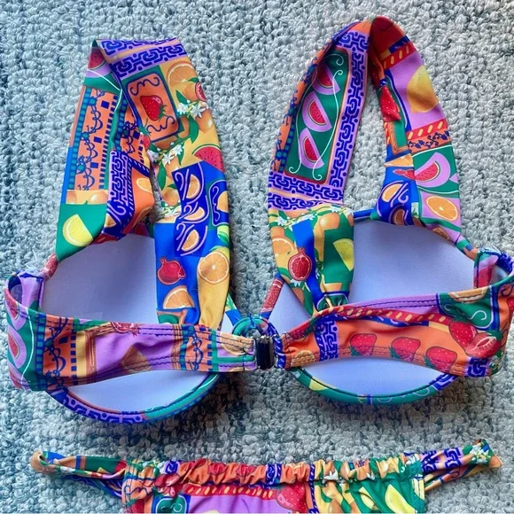 Adorable Fruit Print Bikini Set Push-Up Top Cheeky Bottoms Multicolor - Picture 4 of 9